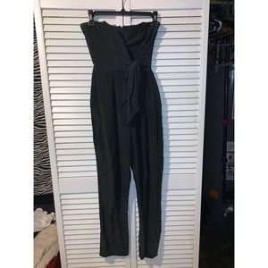 Black silk strapless jumpsuit